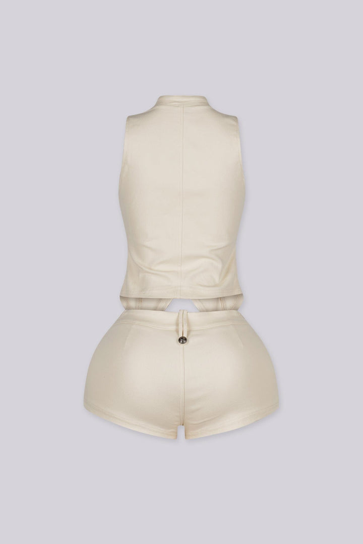 Mandarin collar sleeveless button up vest top featuring a tailored fit