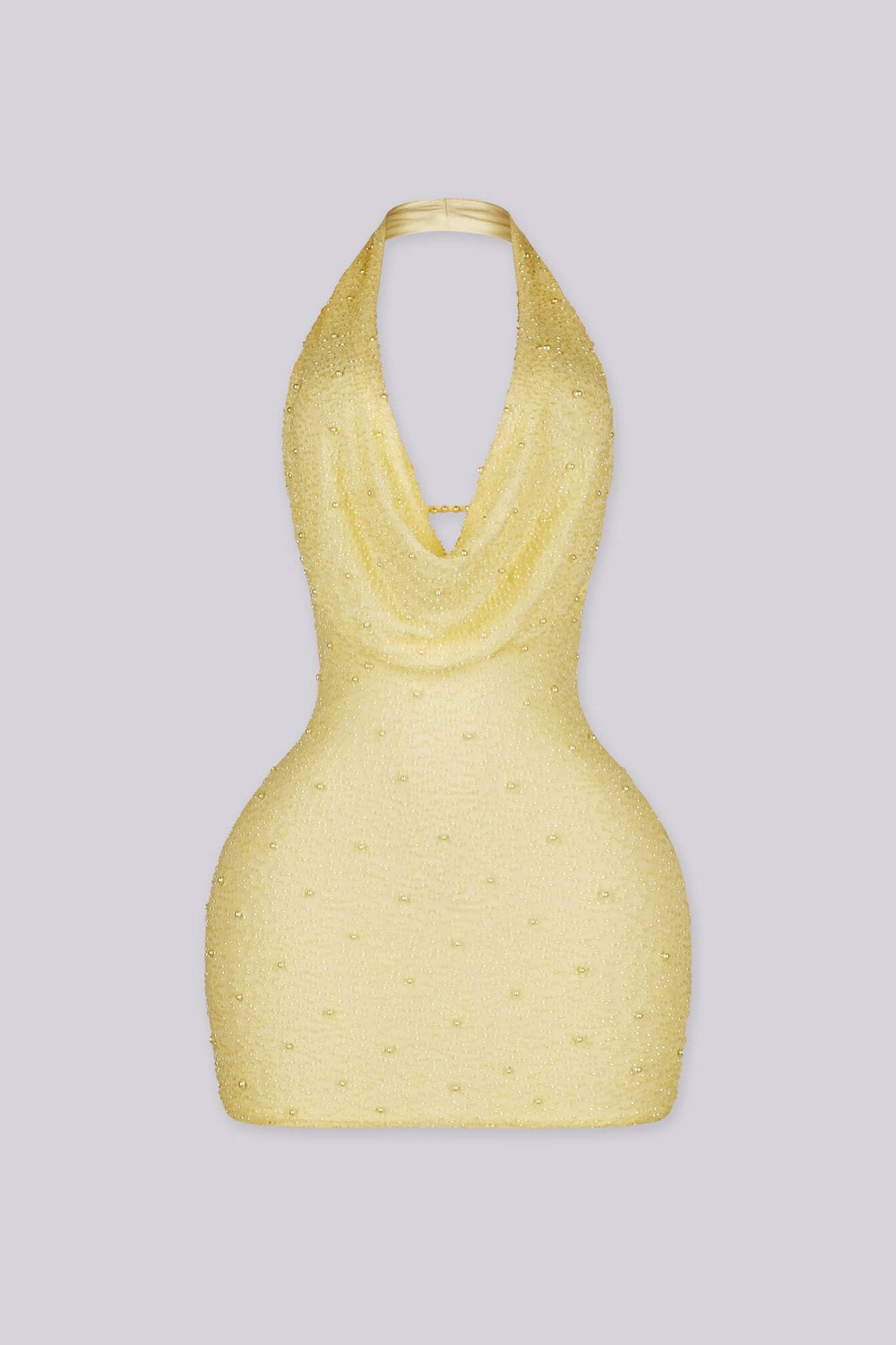 EDGE — yellow mesh pearl mini dress, front view flat lay