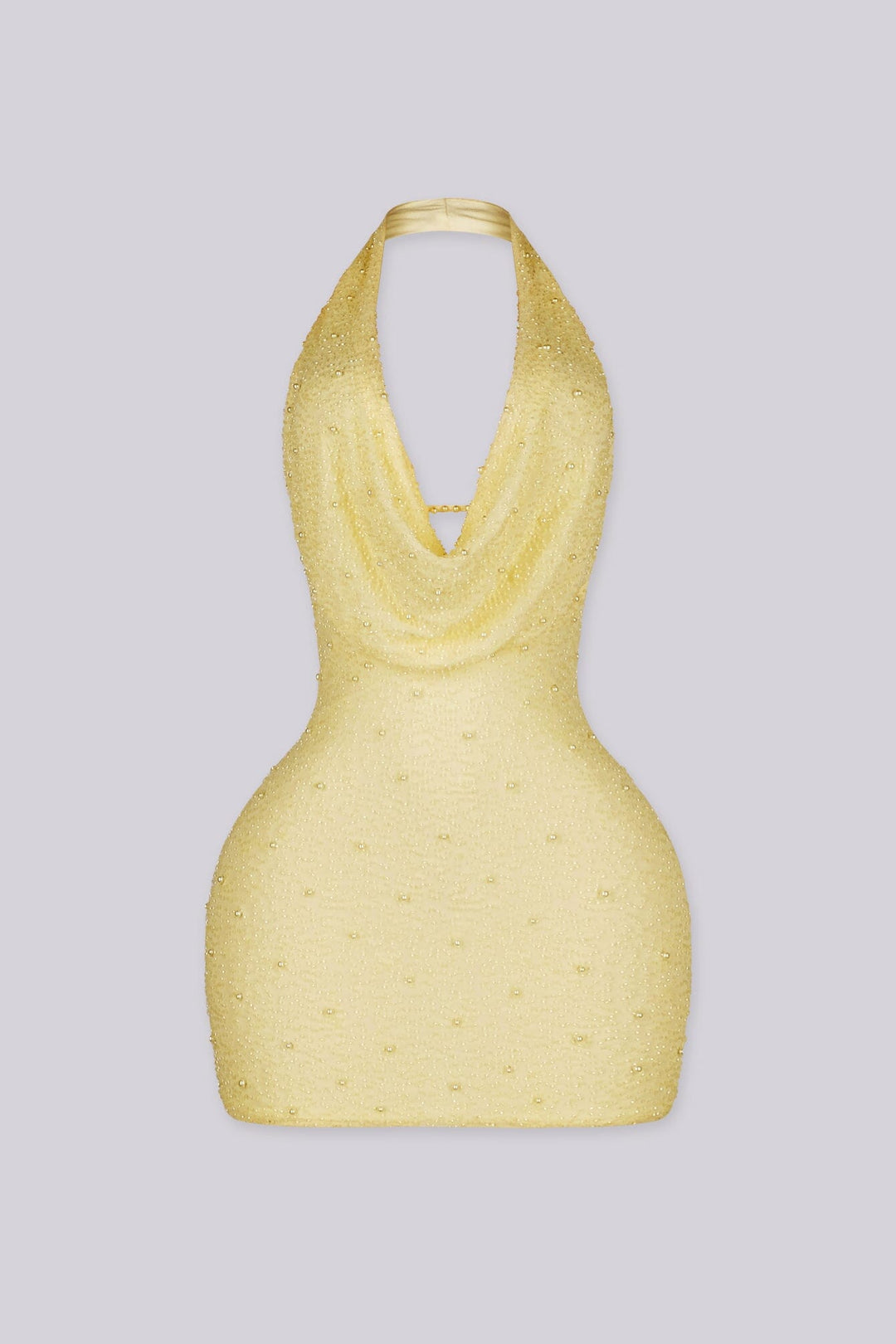 EDGE — yellow mesh pearl mini dress, front view flat lay