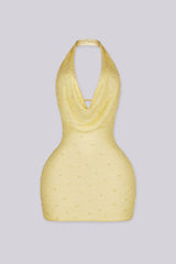 EDGE — yellow mesh pearl mini dress, front view flat lay