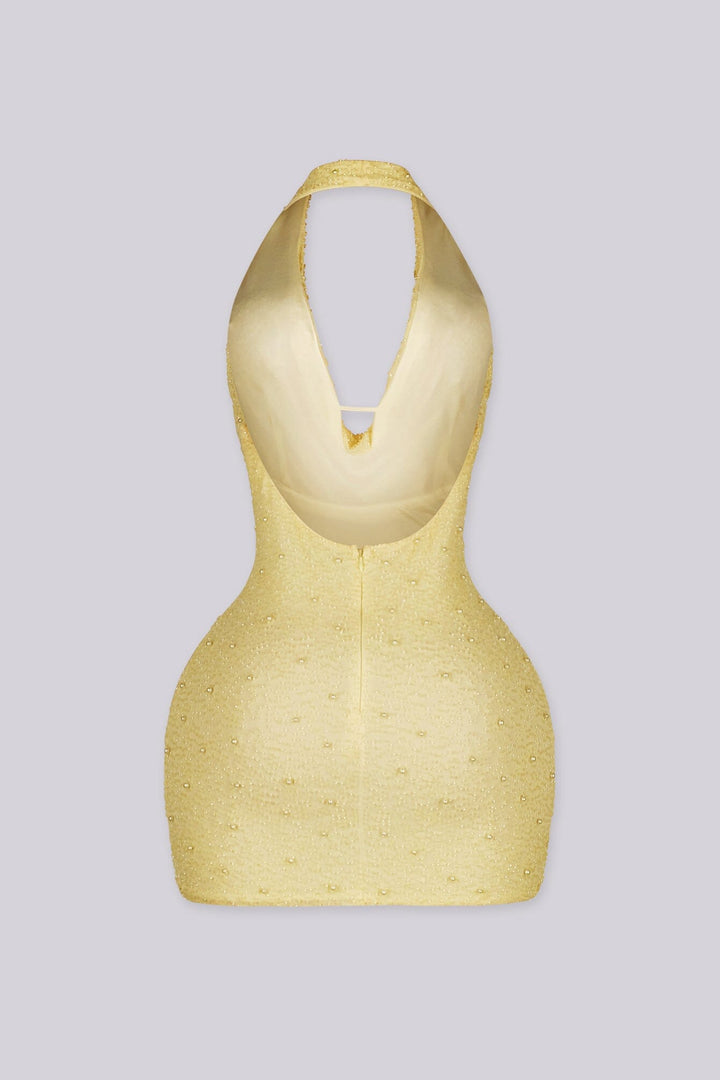 EDGE — rust mesh pearl mini dress, back view flat lay