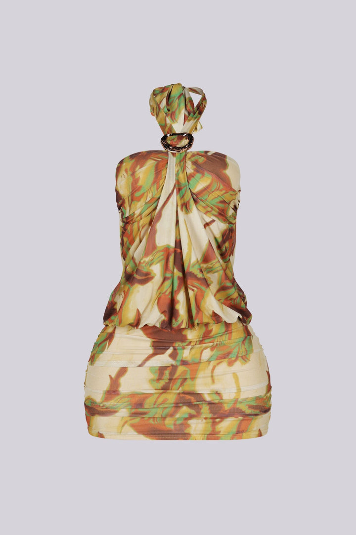 EDGE — yellow combo draped halter mini dress, front view flat lay