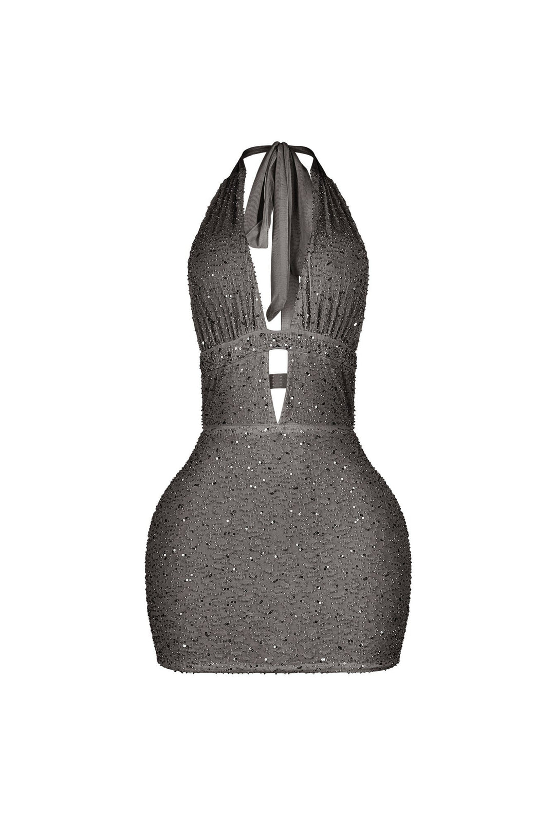Bodycon halter mini dress with deep plunging vertical keyhole cutout featuring glowing beaded scales throughout