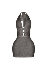 Bodycon halter mini dress with deep plunging vertical keyhole cutout featuring glowing beaded scales throughout