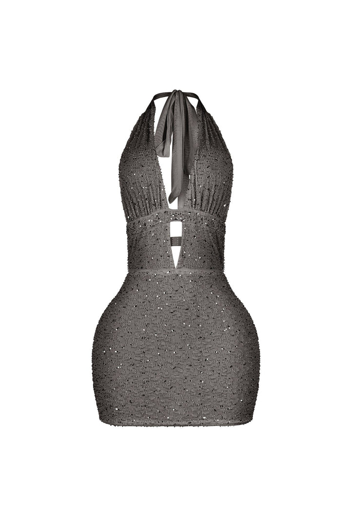 Bodycon halter mini dress with deep plunging vertical keyhole cutout featuring glowing beaded scales throughout
