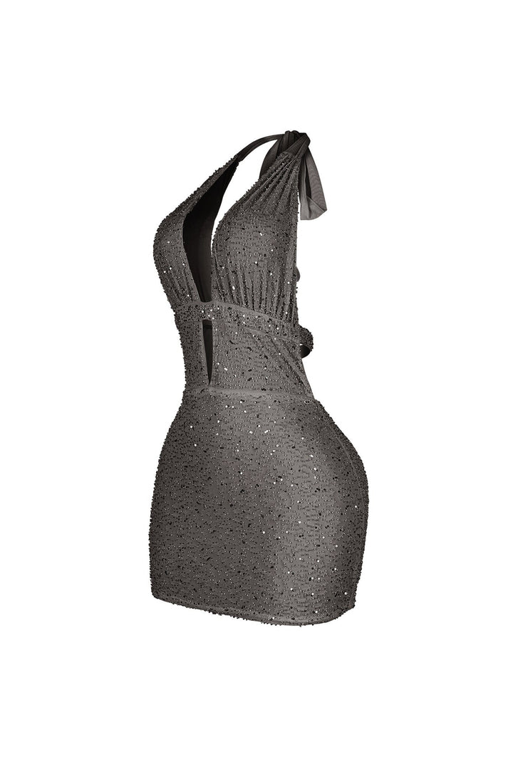 Bodycon halter mini dress with deep plunging vertical keyhole cutout featuring glowing beaded scales throughout