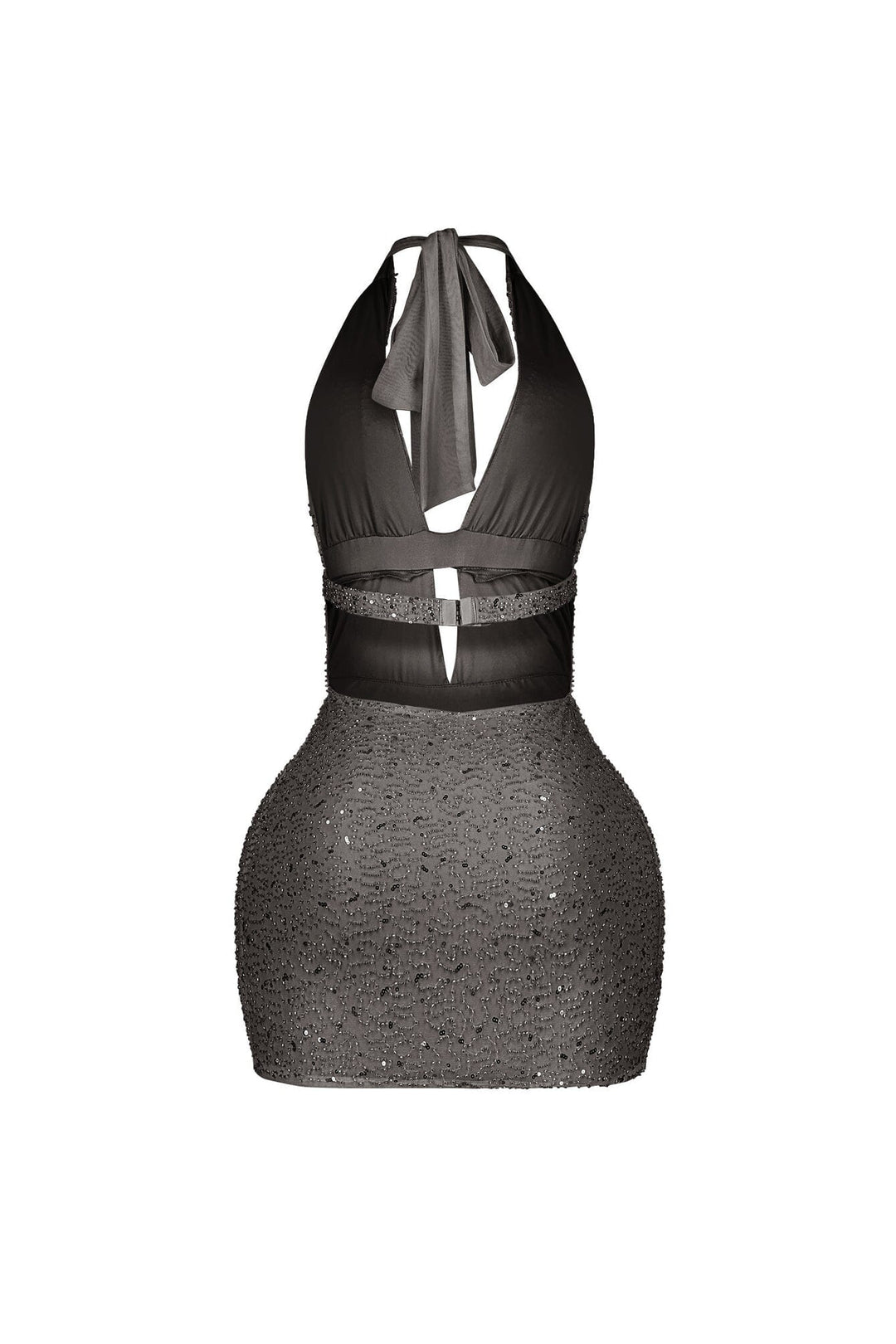 Bodycon halter mini dress with deep plunging vertical keyhole cutout featuring glowing beaded scales throughout