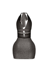 Bodycon halter mini dress with deep plunging vertical keyhole cutout featuring glowing beaded scales throughout