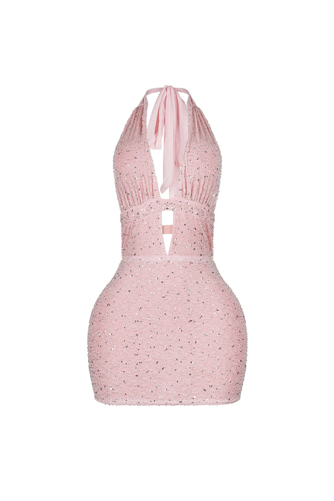 Bodycon halter mini dress with deep plunging vertical keyhole cutout featuring glowing beaded scales throughout