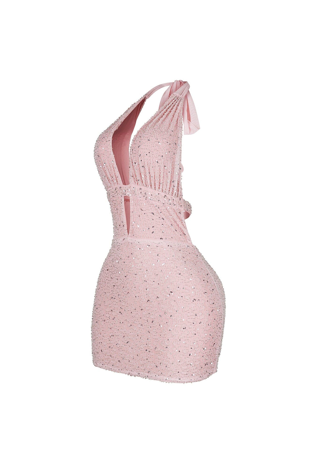 Bodycon halter mini dress with deep plunging vertical keyhole cutout featuring glowing beaded scales throughout