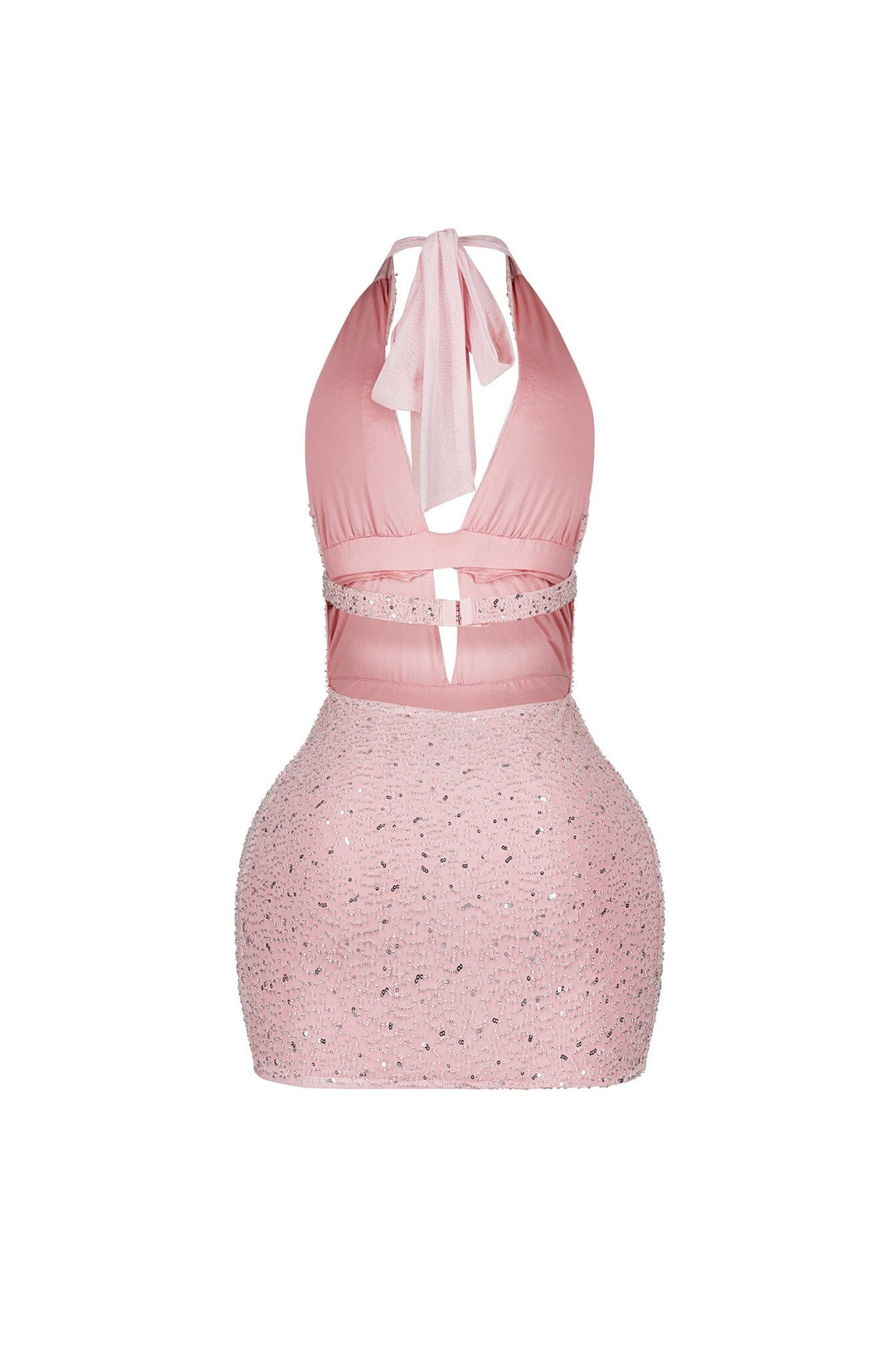 Bodycon halter mini dress with deep plunging vertical keyhole cutout featuring glowing beaded scales throughout