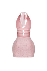 Bodycon halter mini dress with deep plunging vertical keyhole cutout featuring glowing beaded scales throughout