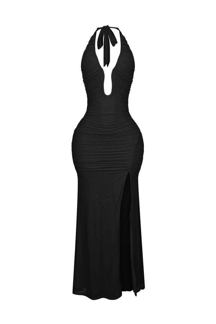 EDGE — black mesh mermaid halter maxi dress, front view flat lay