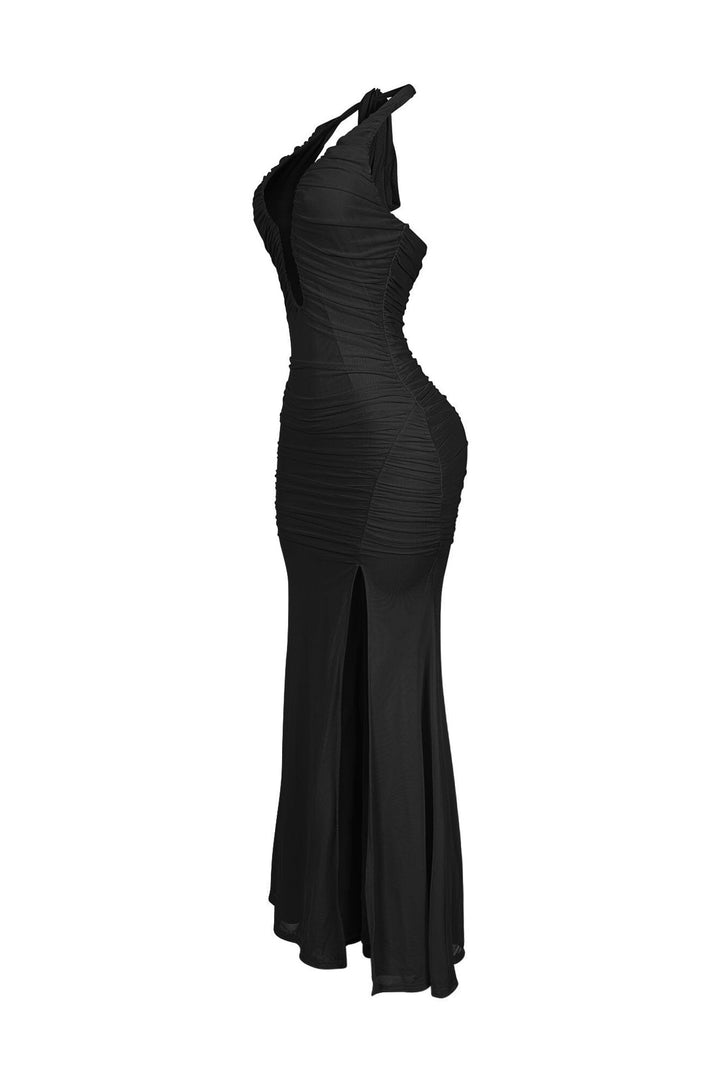EDGE — black mesh mermaid halter maxi dress, side view flat lay