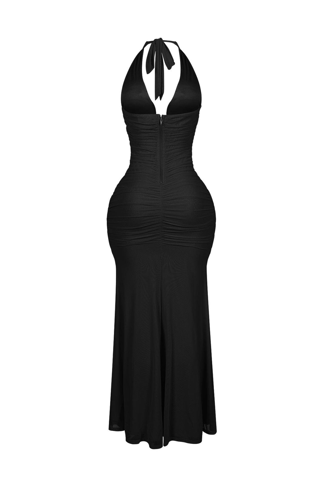 EDGE — black mesh mermaid halter maxi dress, back view flat lay