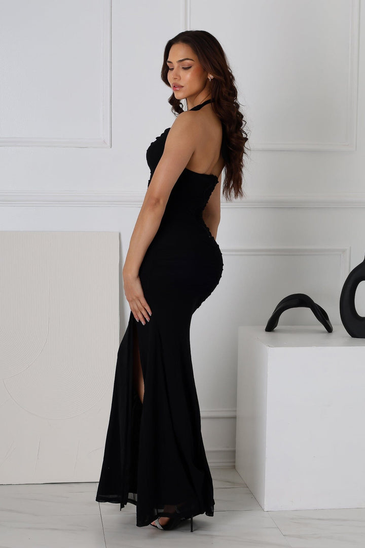 EDGE — black mesh mermaid halter maxi dress, back view on model