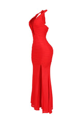 EDGE — tomato red mesh mermaid halter maxi dress, side view flat lay