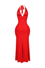 EDGE — tomato red mesh mermaid halter maxi dress, back view flat lay