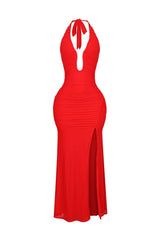 EDGE — tomato red mesh mermaid halter maxi dress, front view flat lay
