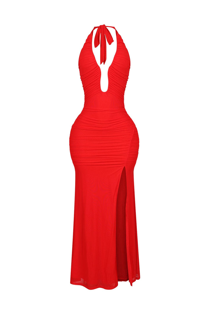 EDGE — tomato red mesh mermaid halter maxi dress, front view flat lay