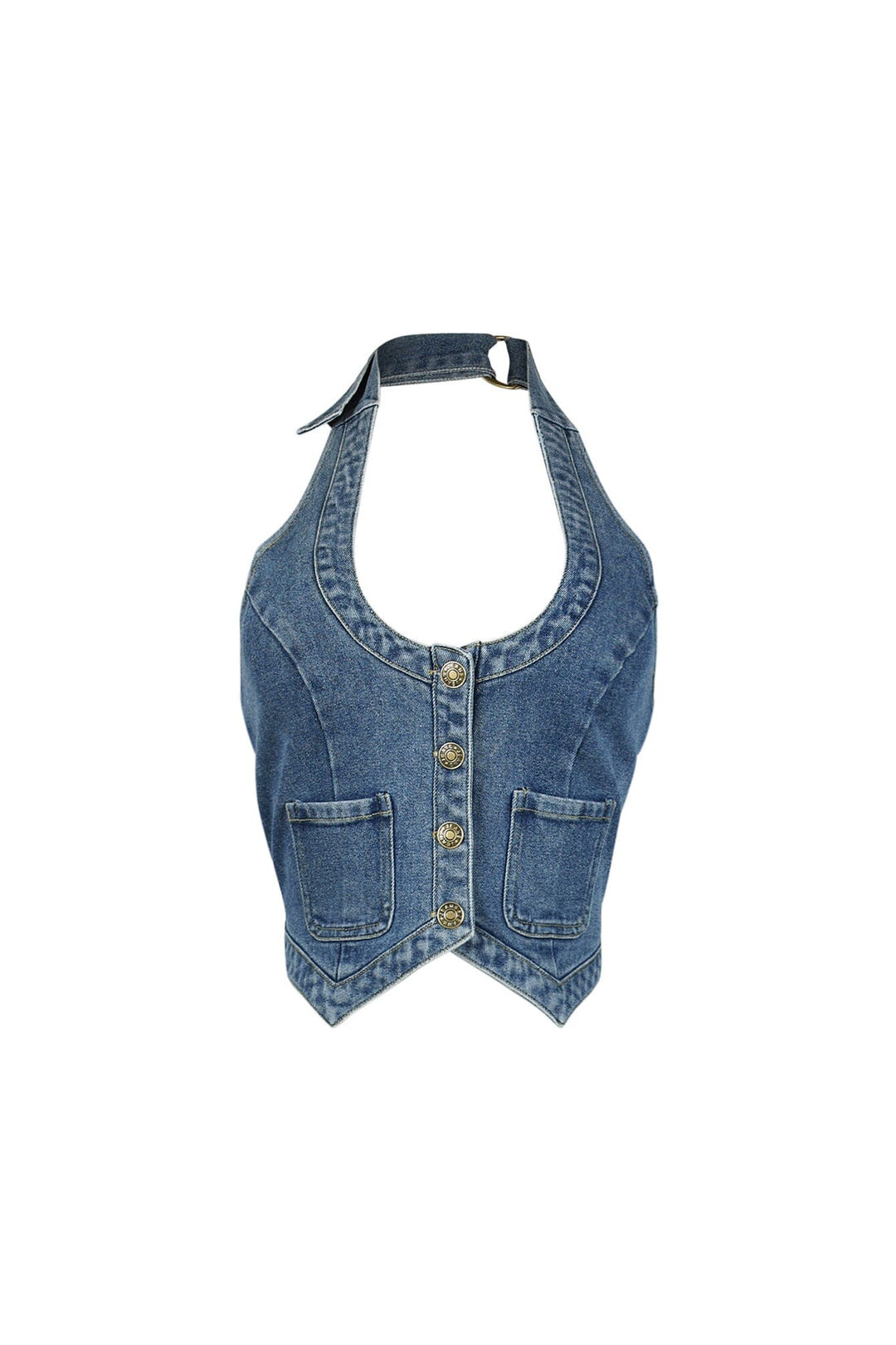 Cropped halter denim vest with deep scoop neckline featuring adjustable neck strap with buckle