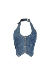 Cropped halter denim vest with deep scoop neckline featuring adjustable neck strap with buckle