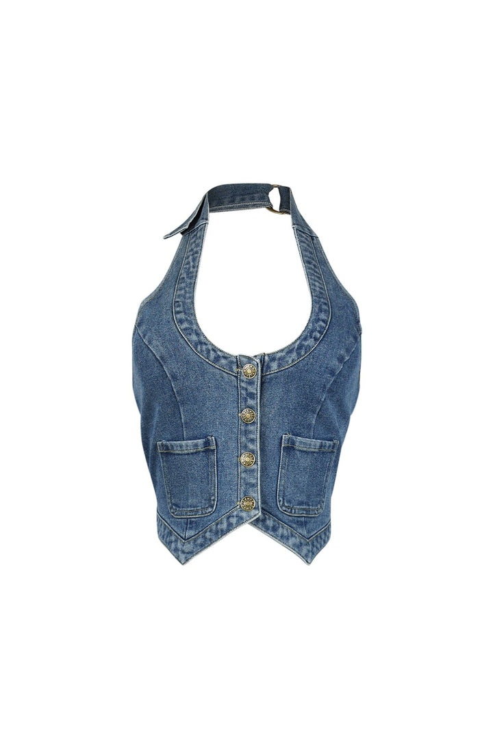 Cropped halter denim vest with deep scoop neckline featuring adjustable neck strap with buckle