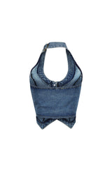 Cropped halter denim vest with deep scoop neckline featuring adjustable neck strap with buckle