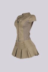 Deep V neckline with an open front top with front zipper closure and metallic buttons