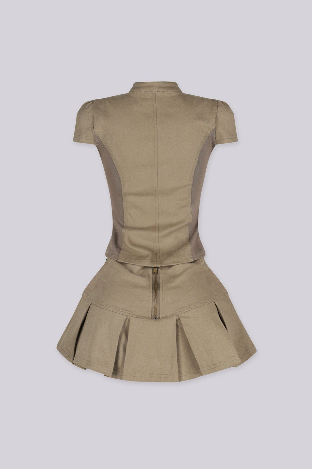 Deep V neckline with an open front top with front zipper closure and metallic buttons