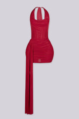 Deep draped cowl halter mini dress with side flowy draped sash detail
Open back with adjustable tie closure
