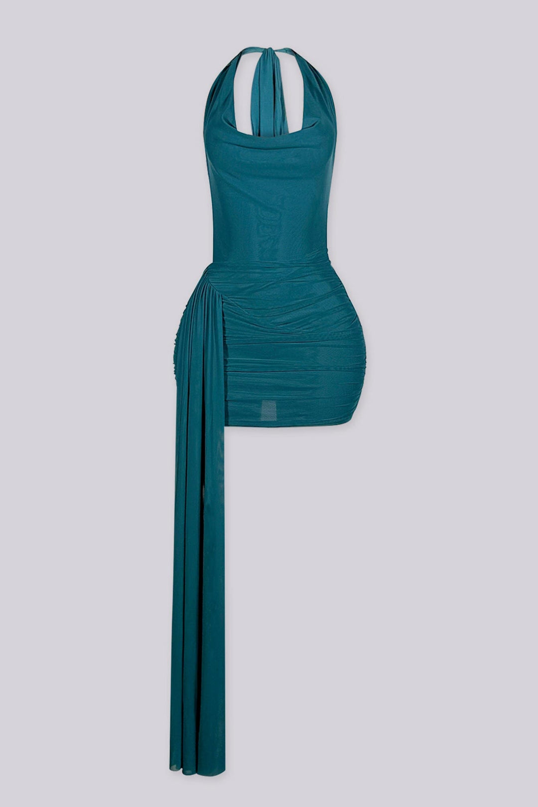 Deep draped cowl halter mini dress with side flowy draped sash detail
Open back with adjustable tie closure