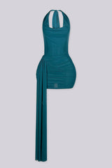 Deep draped cowl halter mini dress with side flowy draped sash detail
Open back with adjustable tie closure