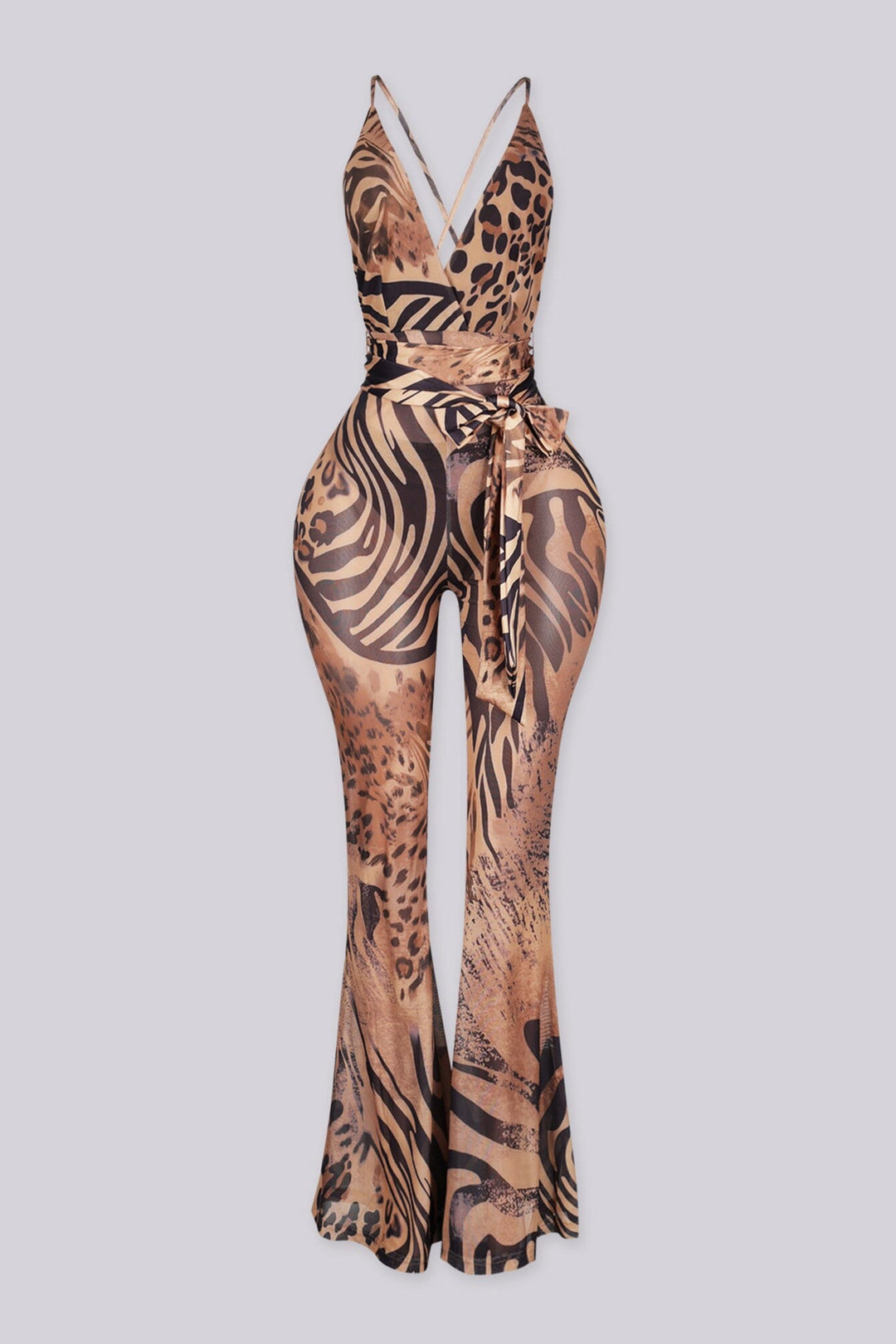 Mixed animal print mesh jumpsuit featuring plunging surplice wrap with tie waist, front view.