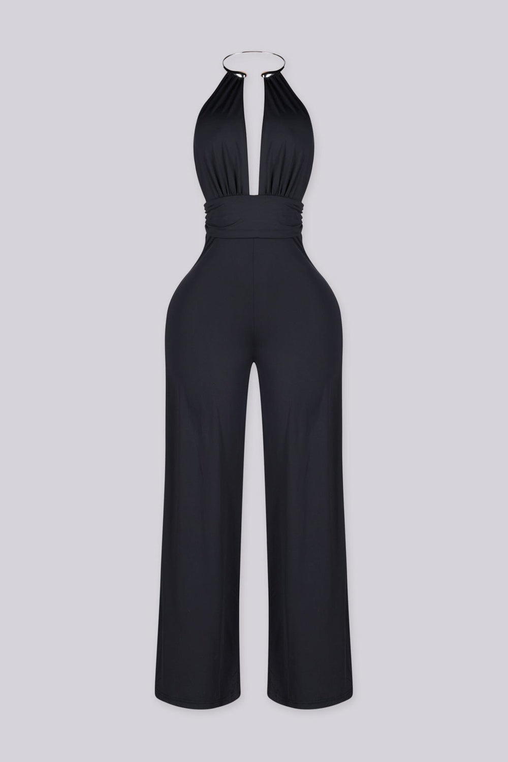 Silver choker neckline with a sleek open back design jumpsuit
Flowy wide leg silhouette