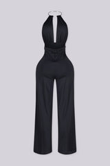 Silver choker neckline with a sleek open back design jumpsuit
Flowy wide leg silhouette