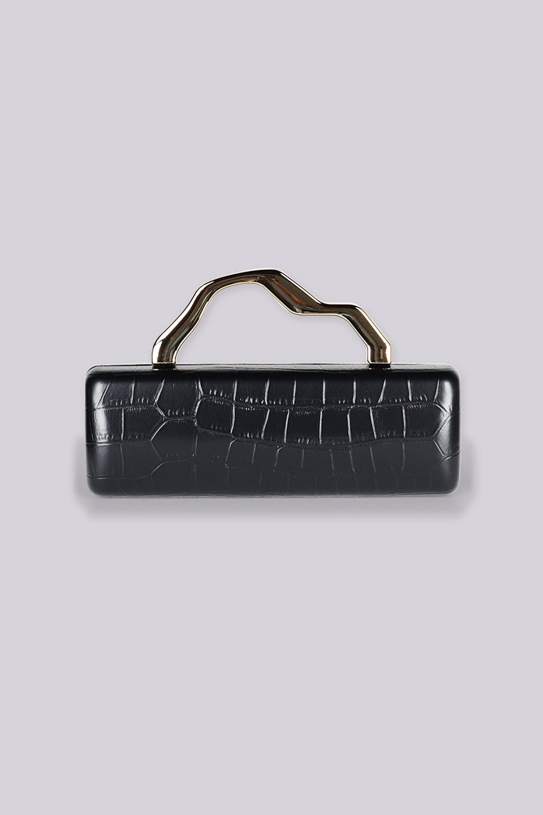 Structured rectangular box clutch bag with croc embossed texture and geometric metal top handle