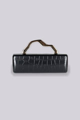 Structured rectangular box clutch bag with croc embossed texture and geometric metal top handle
