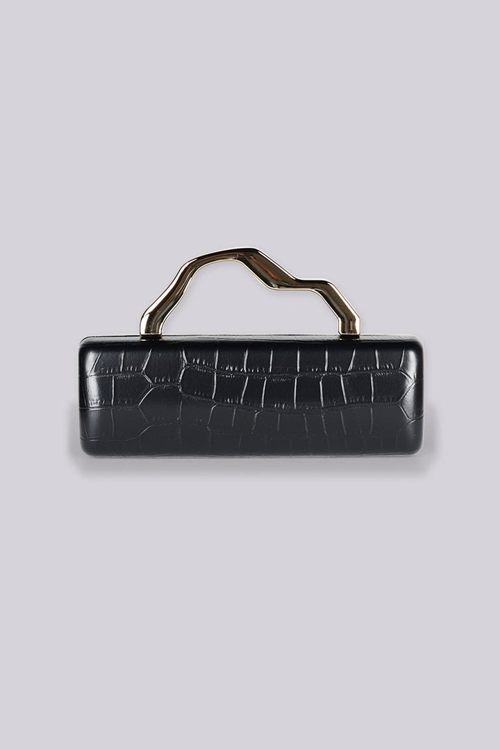 Structured rectangular box clutch bag with croc embossed texture and geometric metal top handle