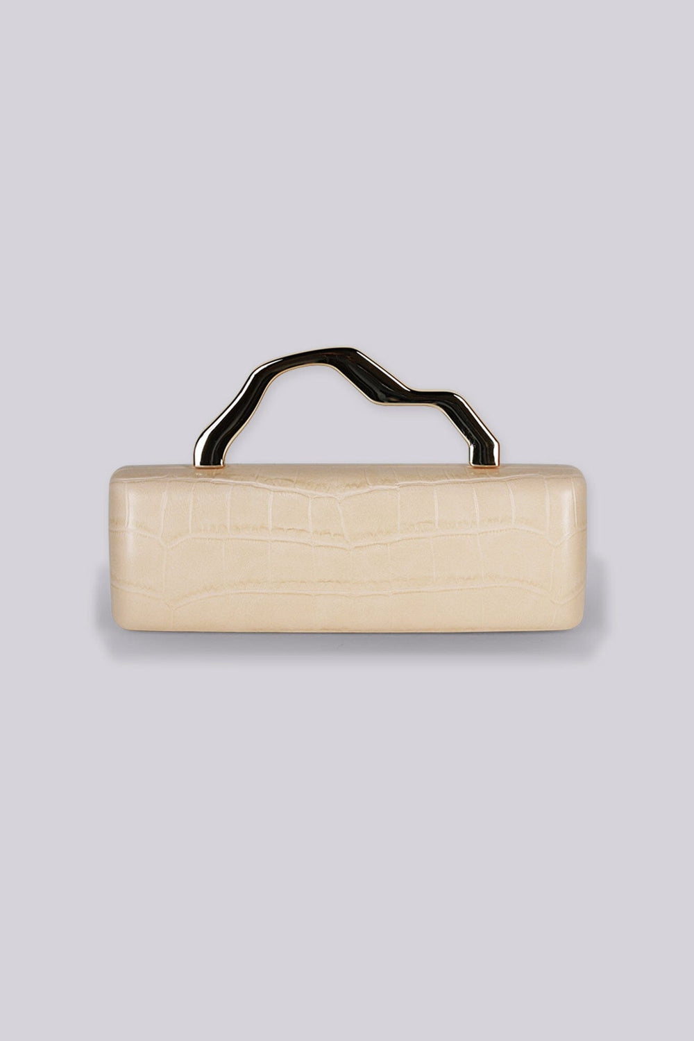 Structured rectangular box clutch bag with croc embossed texture and geometric metal top handle