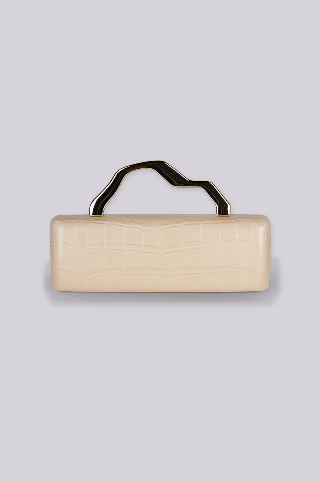 Structured rectangular box clutch bag with croc embossed texture and geometric metal top handle