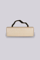 Structured rectangular box clutch bag with croc embossed texture and geometric metal top handle