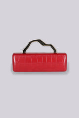 Structured rectangular box clutch bag with croc embossed texture and geometric metal top handle