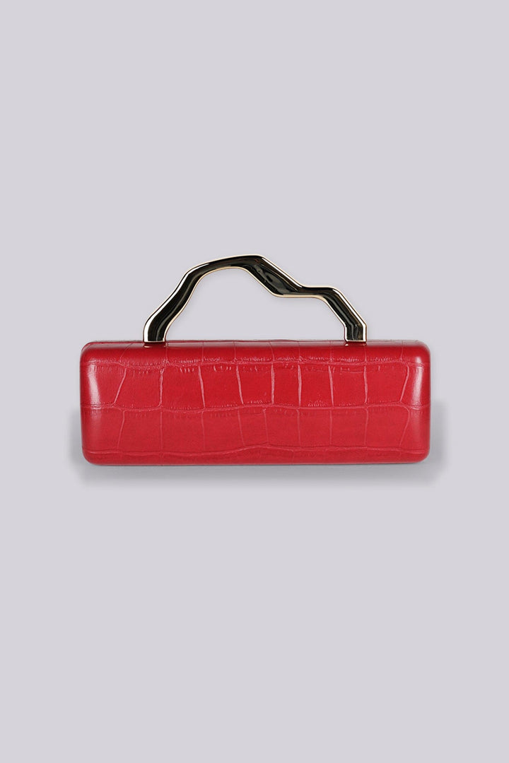 Structured rectangular box clutch bag with croc embossed texture and geometric metal top handle