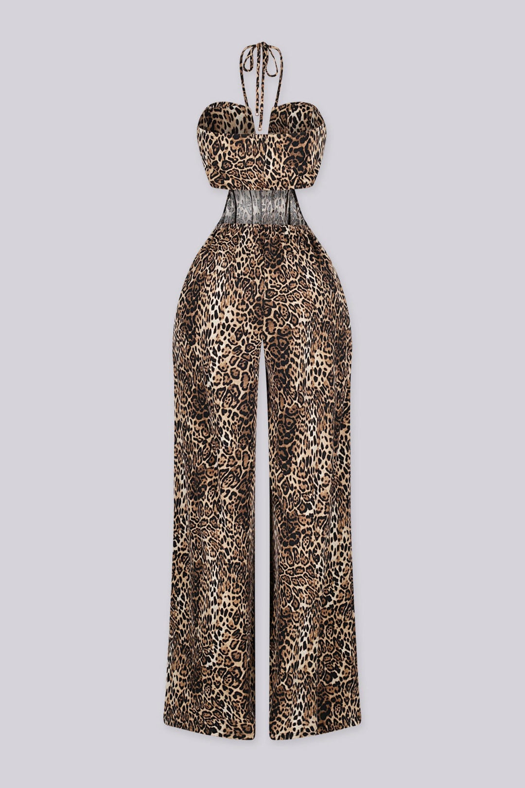 EDGEBYKS - Leopard print halter neck jumpsuit featuring structured U cut plunging neckline, Open back with slip on closure, back view