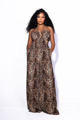 EDGEBYKS - Leopard print halter neck jumpsuit featuring structured U cut plunging neckline, Open back with slip on closure, front view