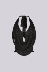 Mesh Halter top with plunging cowl neckline featuring scattered sparkling rhinestone studs