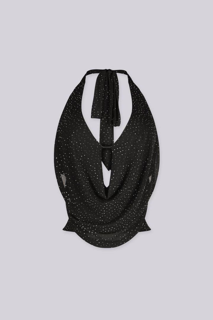 Mesh Halter top with plunging cowl neckline featuring scattered sparkling rhinestone studs