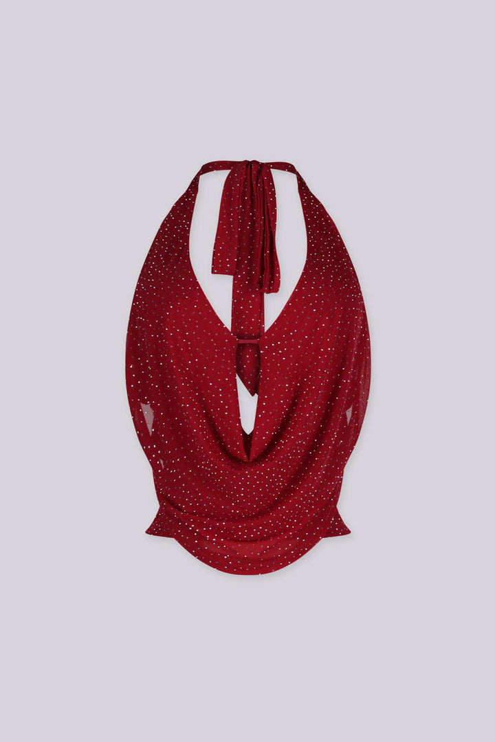 Mesh Halter top with plunging cowl neckline featuring scattered sparkling rhinestone studs