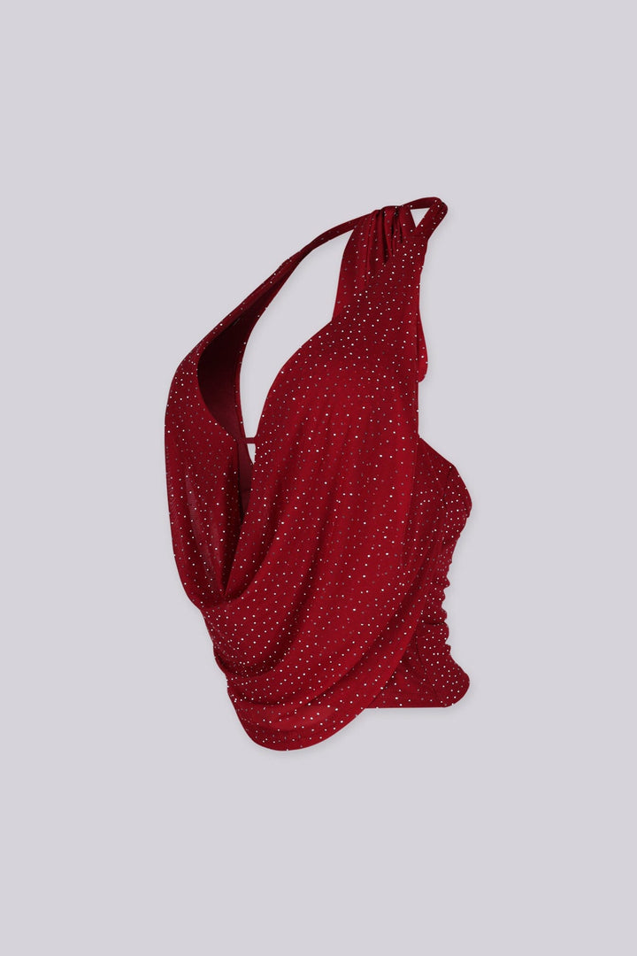 Mesh Halter top with plunging cowl neckline featuring scattered sparkling rhinestone studs